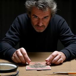 Ritratto artistico di Marco Ferraro, Maestro Restauratore, mentre ispeziona un dipinto antico.